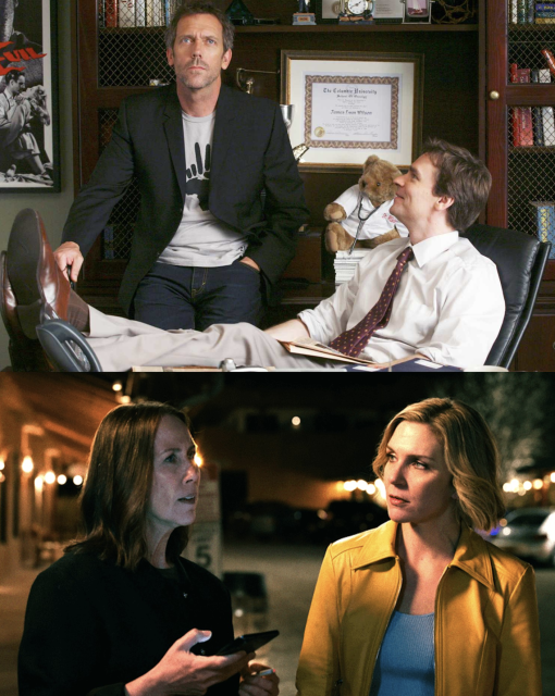 House (top left, from House) and Carol (bottom right, from Pluribus) may be the most miserable people in their respective worlds, but at least they have someone in their lives (House has Wilson, top right, while Carol has Helen, bottom left).