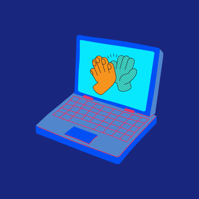 image of laptop with two hands on the screen giving a high five.